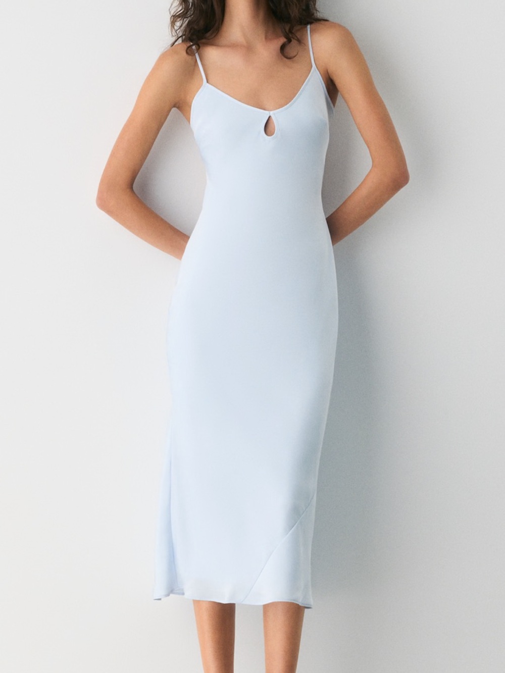Aritzia Duskfall Satin Light Blue Midi Dress with Keyhole Detail